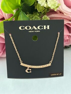 Coach Signature Pave Bar charm Necklace in Rose Gold